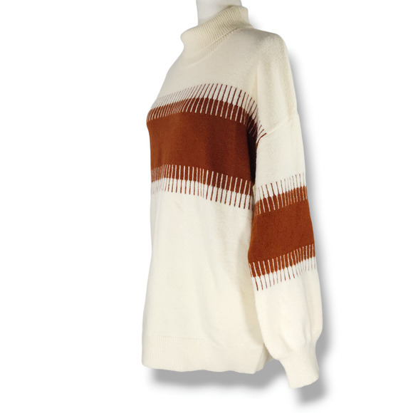 EUC Colorblock Cozy Oversize Turtle Neck Knit Sweater Sz. 1XL Cream & Spice - Picture 1 of 9